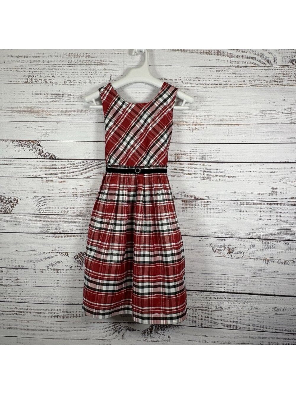 Jona Michelle Red Plaid Silver Metallic Sleeveless Dress